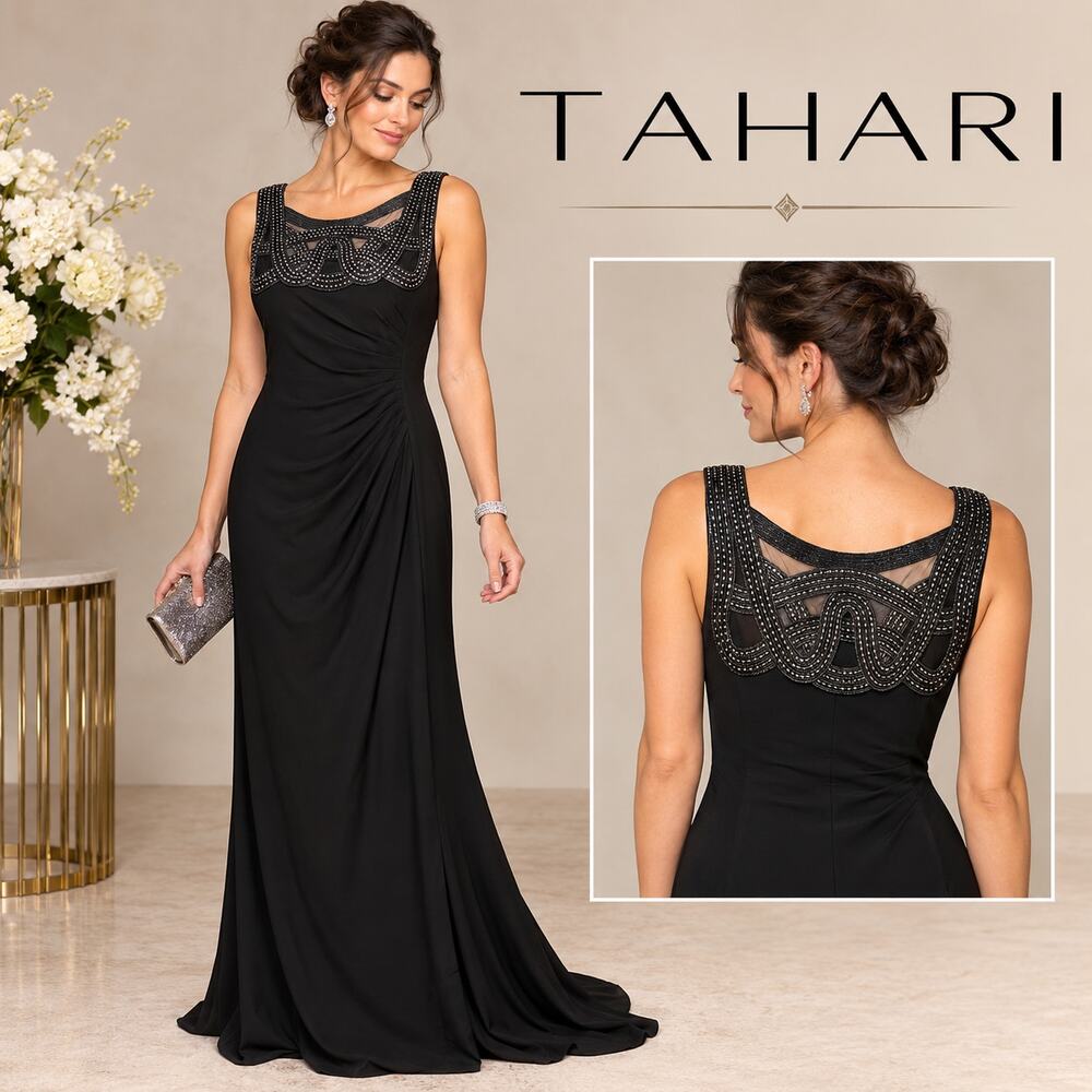 Tahari Arthur S. Levine Size 6 Black Beaded Rhinestone Formal Evening Gown